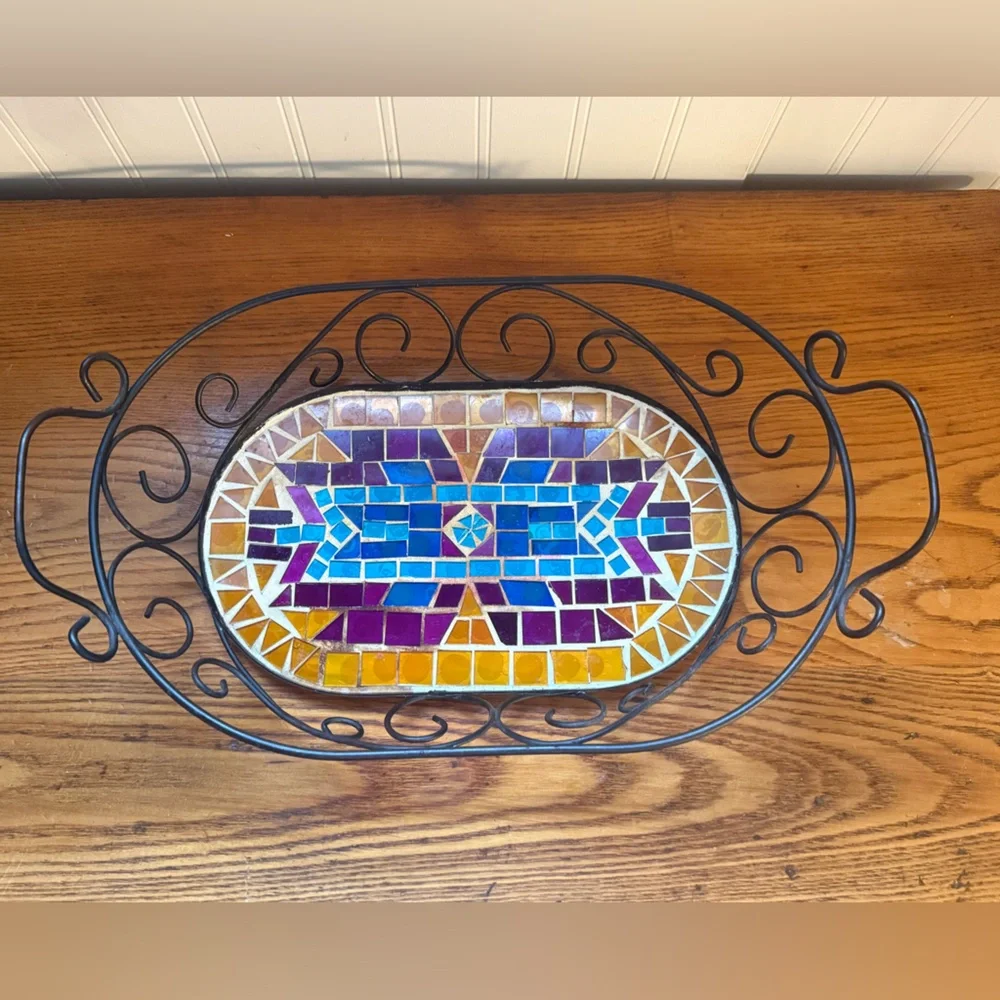 Vintage Southwestern Mosaic Bath Tray with Black Metal Frame